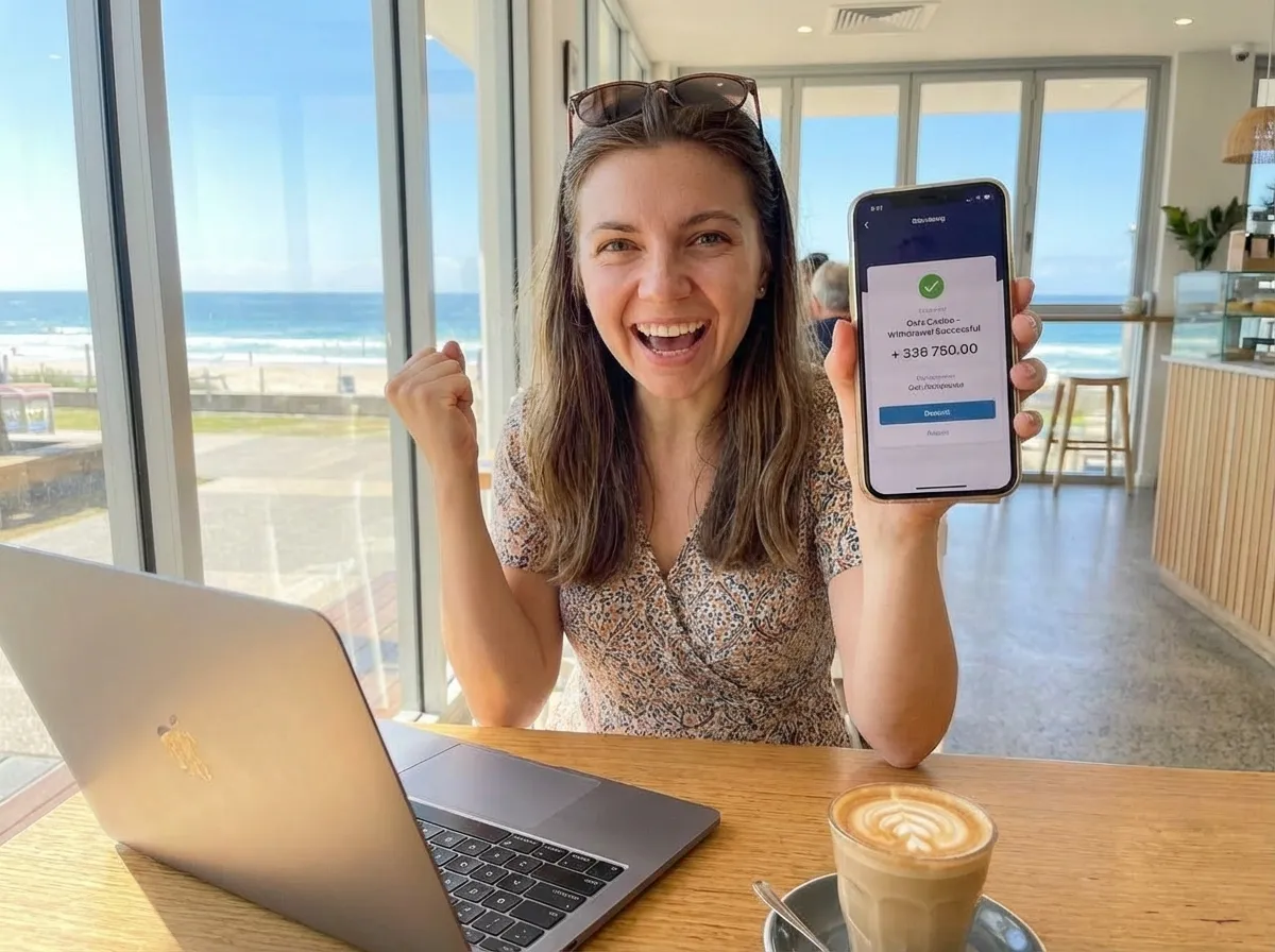 Woman holding a smartphone showing a withdrawal confirmation beside a laptop
