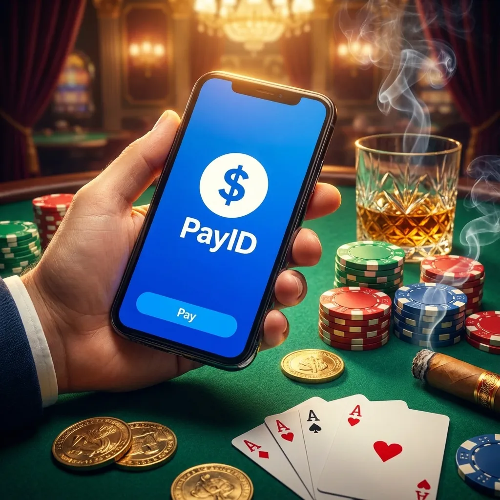 Hand holding a smartphone with a PayID payment screen above a table with cards and casino chips